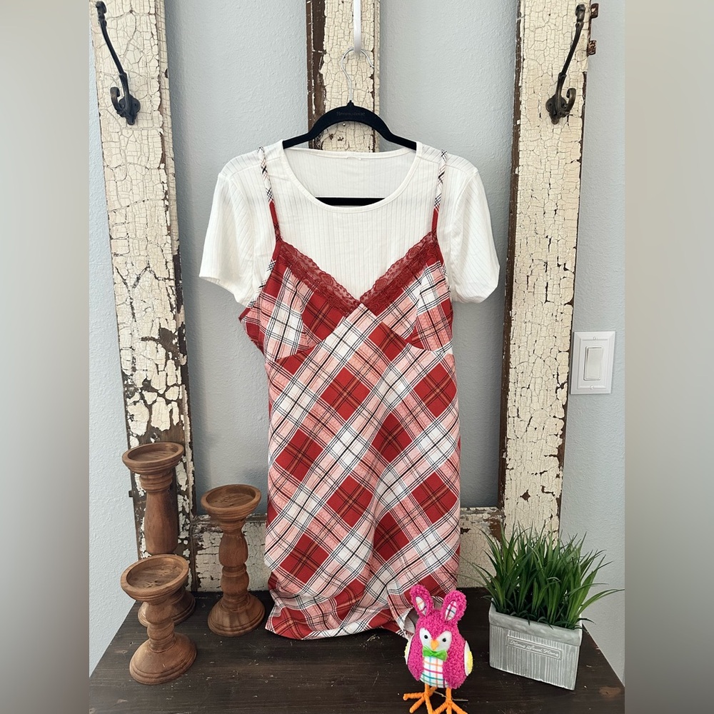 No Boundaries Red Plaid Slip Dress with White Tee
